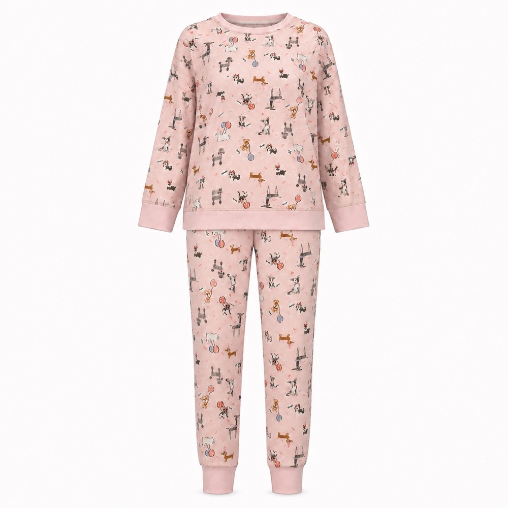 Cuddl Duds Womens 2X Pink Dog Party Print Pajama Set Joggers Long Sleeve Top